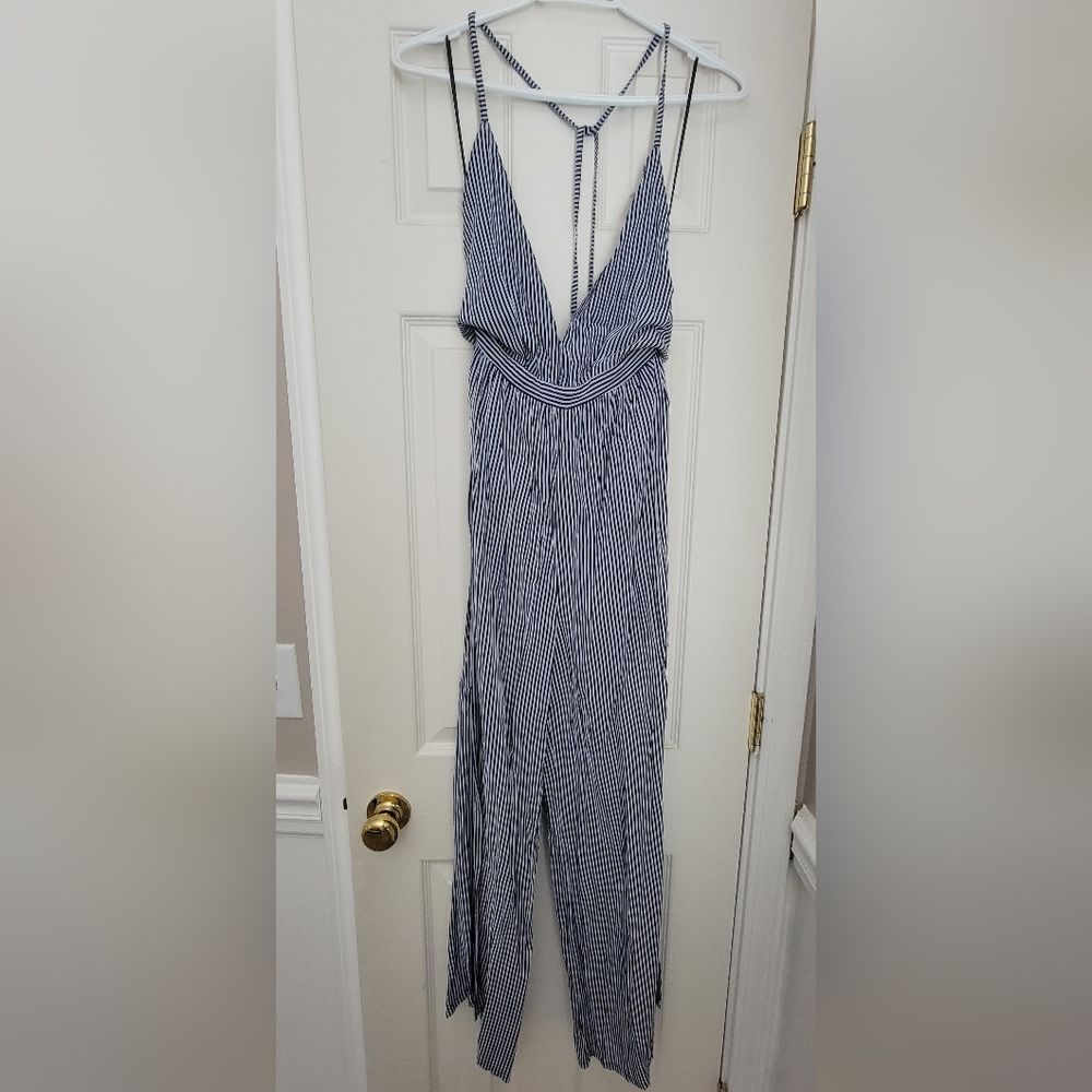 Navy blue / white pinstripe jumpsuit